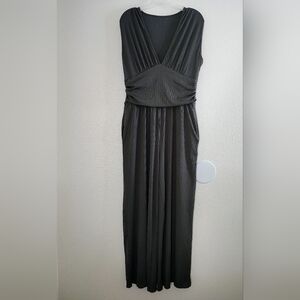 YOZY Gray Ribbed V Neck Wide Leg Jumpsuit Pockets XL Relax Style NWT